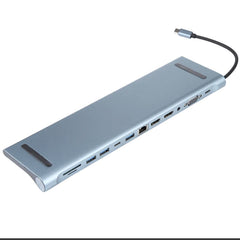 Stacja dokująca typu C 12 w 1 dla 1 x USB-C PD / 1 x VGA / 1 x 3,5 mm Audio / 2 x HDMI 4K@30Hz / 1 x RJ45 / 1 x USB 3.0 / 1 x USB-C DATA /