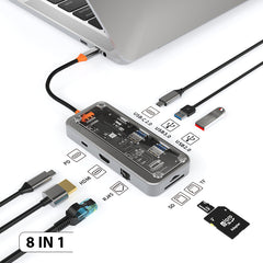 Hub USB-C 8 w 1 dla 1 x USB 3.0 / 1 x USB 2.0 / 1 x HDMI / 1 x RJ45 / 1 x USB-C PD / 1 x USB-C Data 2.0 / 1 x SD / 1 x TF