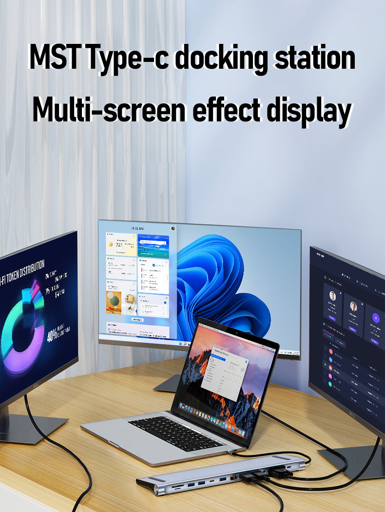 12 in 1 Type-C Docking Station For 1 x USB-C PD / 1 x VGA / 1 x 3.5mm Audio / 2 x HDMI 4K@30Hz / 1 x RJ45 / 1 x USB 3.0 / 1 x USB-C DATA /