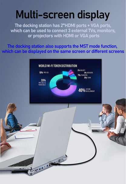 12 in 1 Type-C Docking Station For 1 x USB-C PD / 1 x VGA / 1 x 3.5mm Audio / 2 x HDMI 4K@30Hz / 1 x RJ45 / 1 x USB 3.0 / 1 x USB-C DATA /