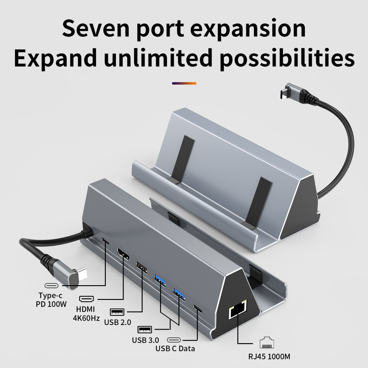 7 in 1 Steam Deck Docking Station Type-c For 1 x USB-C PD / 1 x USB-C DATA / 1 x HDMI / 1 x RJ45 / 2 x USB 3.0 / 1 x USB 2.0