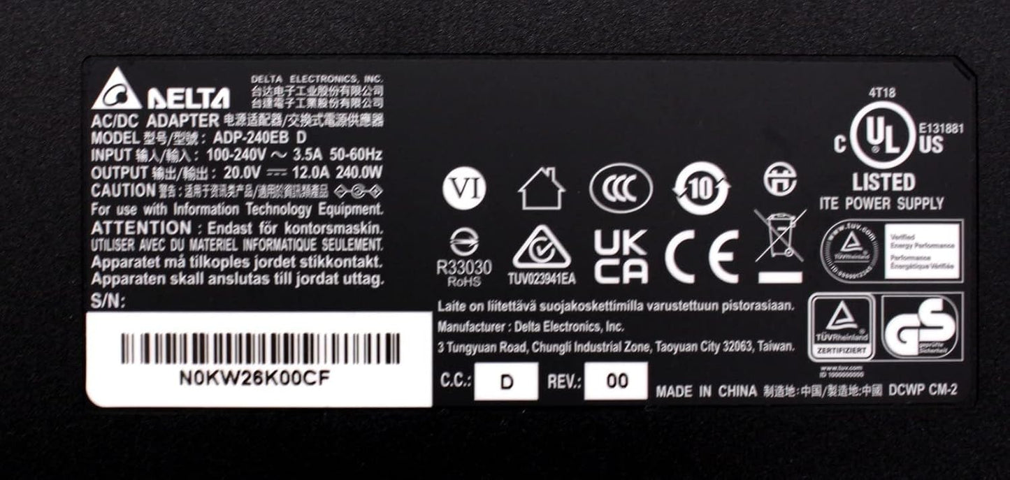 New Delta 240W 20V 12.0A 7.4MM x 5.0MM Laptop Notebook Gaming Adapter Power Supply