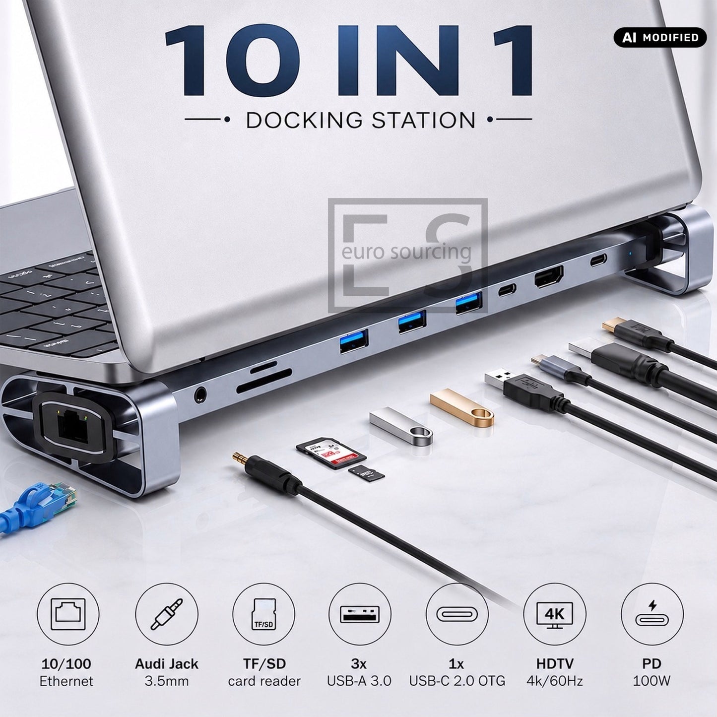 10-in-1 USB-C Docking Station & Laptop Stand Riser | 4K@60Hz HDMI, 100W PD Charging, Ethernet, 3x USB 3.0