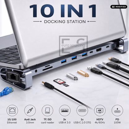 10-in-1 USB-C Docking Station & Laptop Stand Riser | 4K@60Hz HDMI, 100W PD Charging, Ethernet, 3x USB 3.0