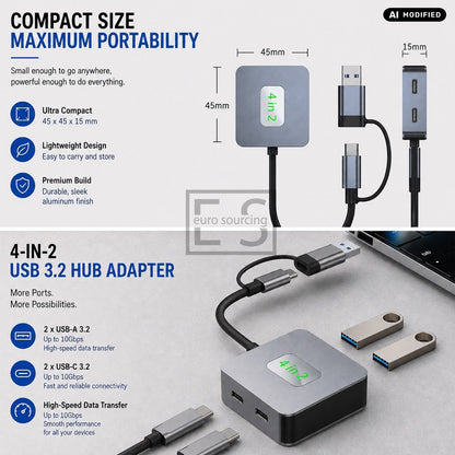 AJP 4-in-2 USB 3.2 Hub Adapter USB-C & USB-A to 2x USB-A + 2x USB-C 10Gbps