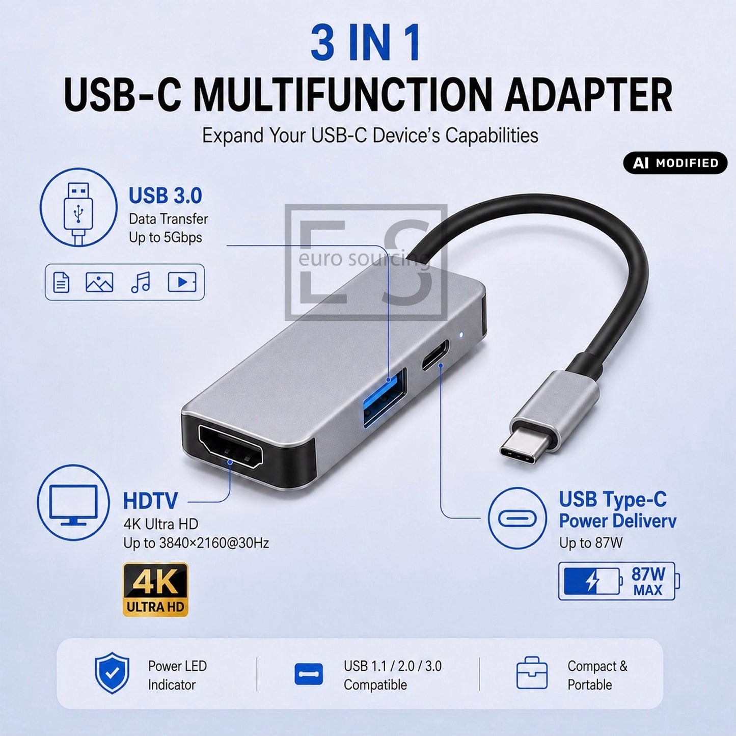 AJP 3-in-1 USB-C Multifunction Hub Adapter – 4K HDTV, USB 3.0 5Gbps & 87W PD Charging
