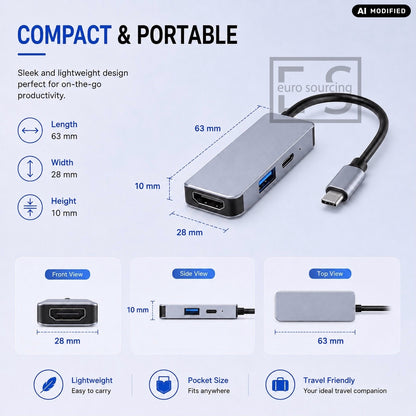 AJP 3-in-1 USB-C Multifunction Hub Adapter – 4K HDTV, USB 3.0 5Gbps & 87W PD Charging