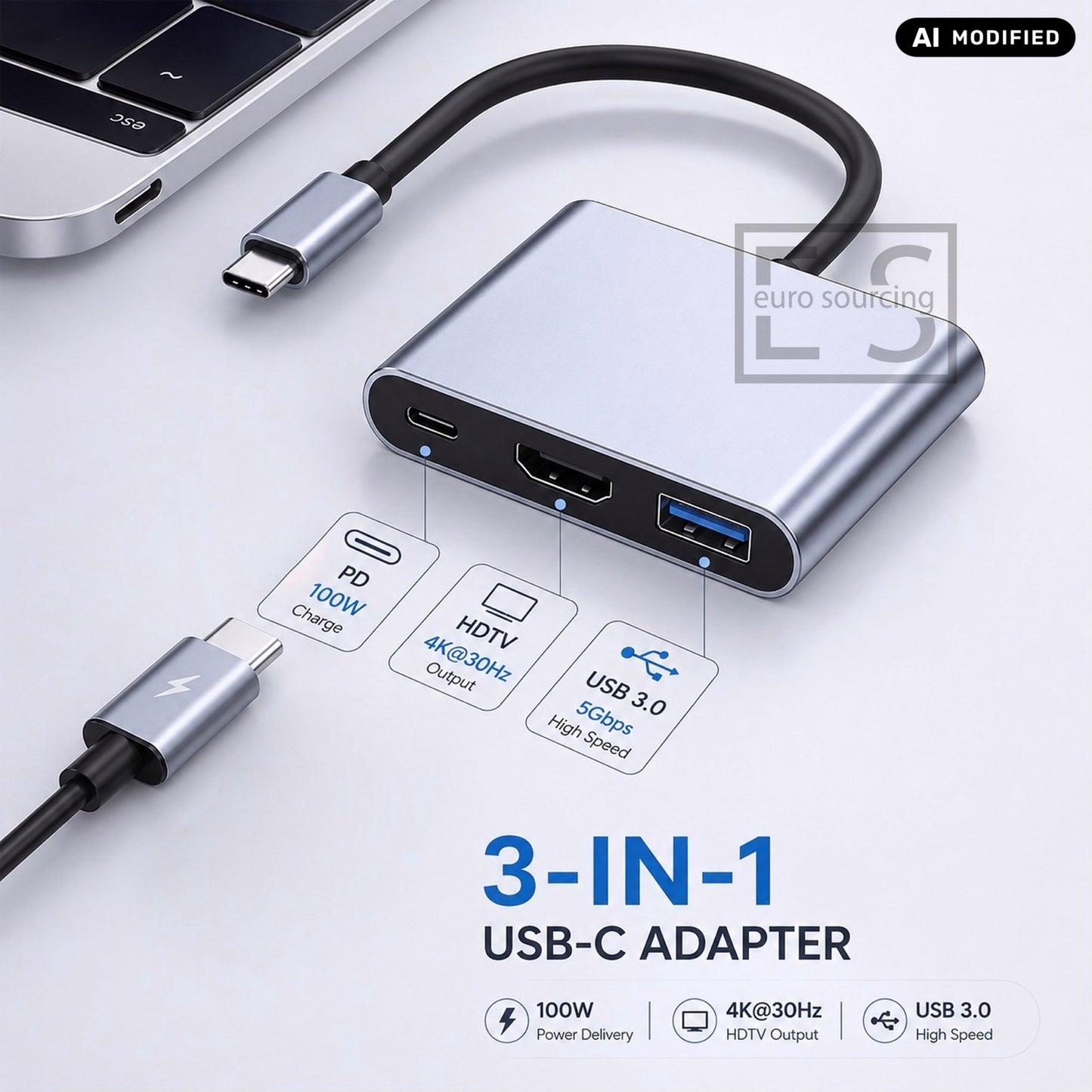 AJP 3-in-1 USB-C Hub Adapter with HDTV 4K@30Hz, USB 3.0 5Gbps & 100W PD Charging