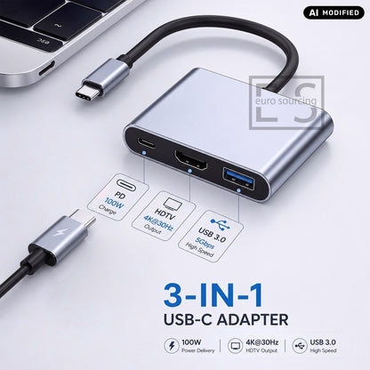 AJP 3-in-1 USB-C Hub Adapter with HDTV 4K@30Hz, USB 3.0 5Gbps & 100W PD Charging