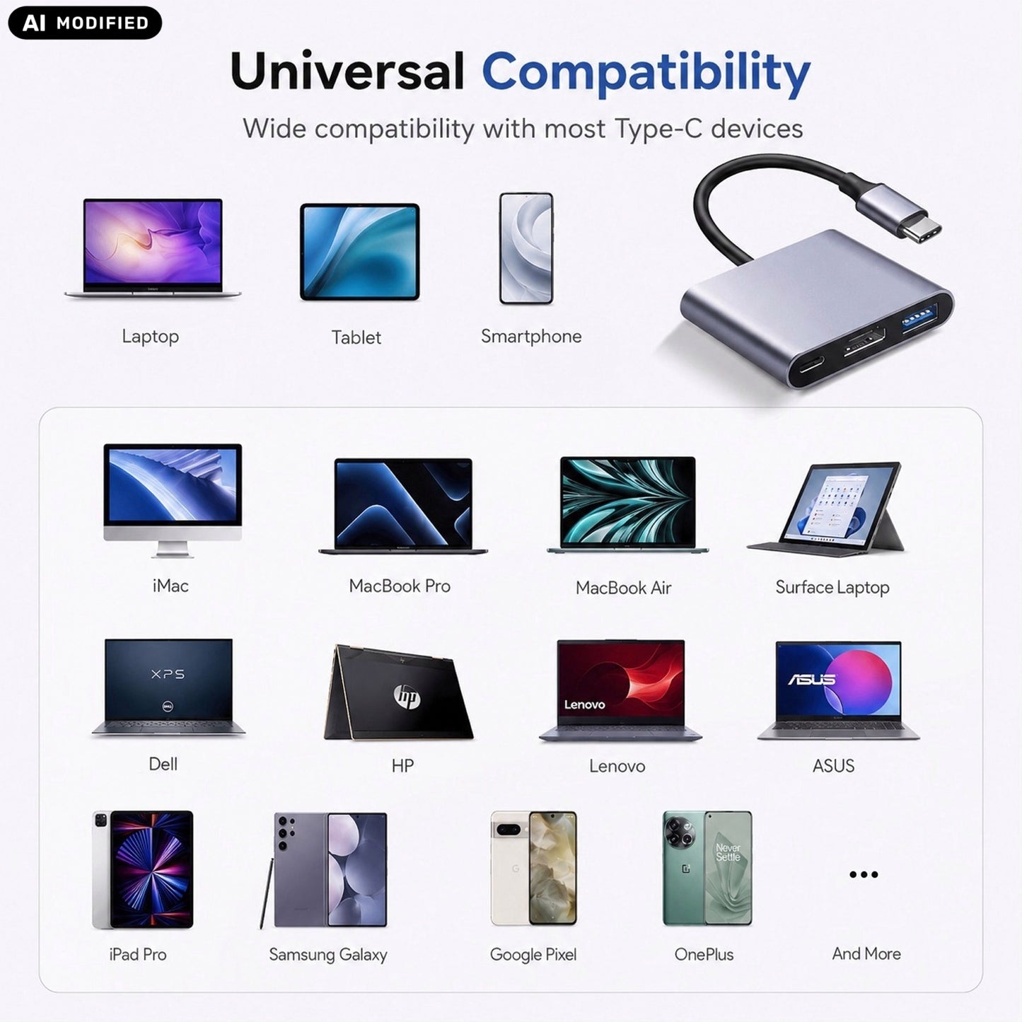 AJP 3-in-1 USB-C Hub Adapter with HDTV 4K@30Hz, USB 3.0 5Gbps & 100W PD Charging