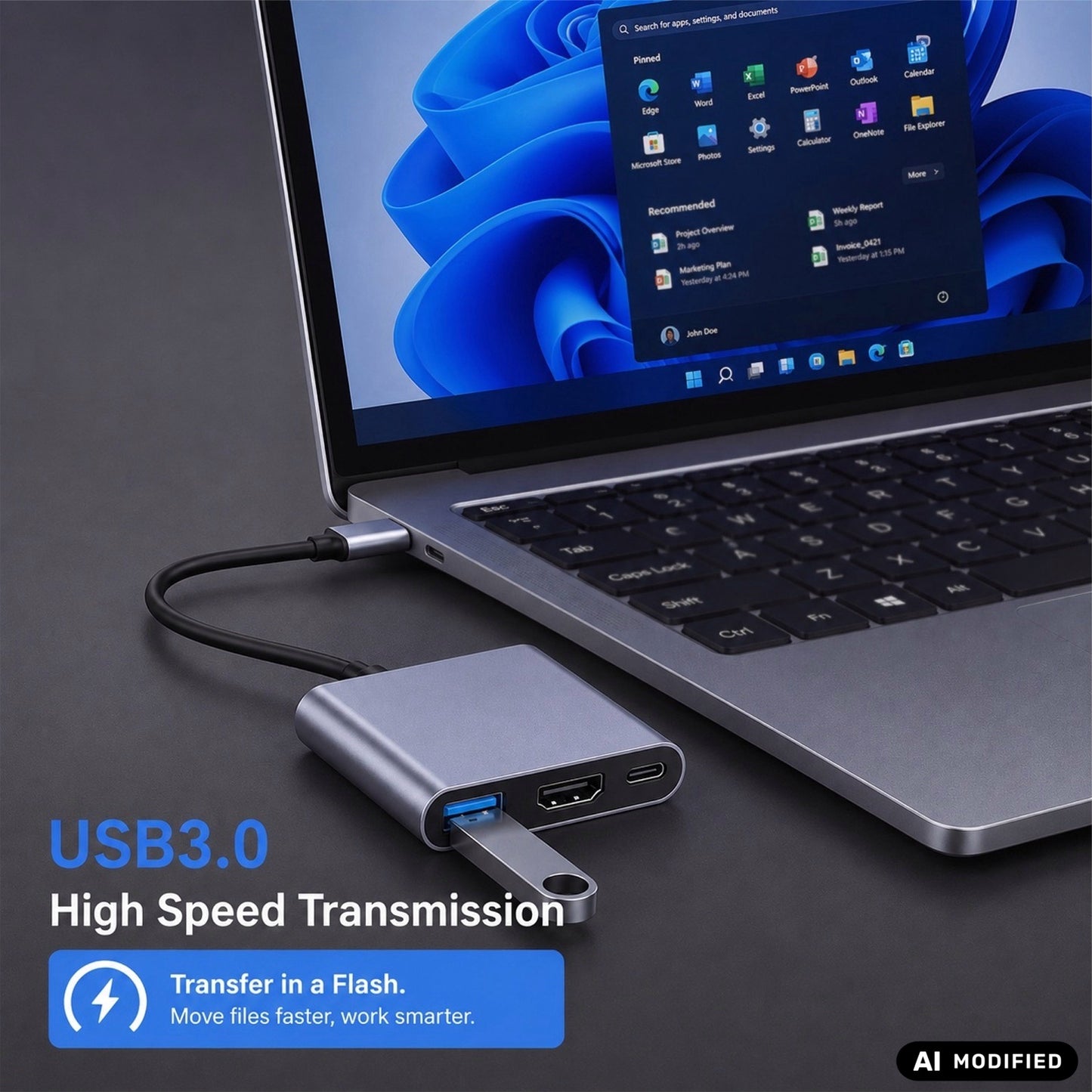 AJP 3-in-1 USB-C Hub Adapter with HDTV 4K@30Hz, USB 3.0 5Gbps & 100W PD Charging