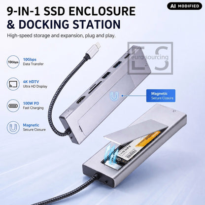 9-in-1 USB C M.2 SSD Enclosure Docking Station 10Gbps 4K HDMI 100W PD USB 3.2 SD TF RJ45 Ethernet