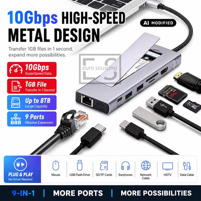 9-in-1 USB C M.2 SSD Enclosure Docking Station 10Gbps 4K HDMI 100W PD USB 3.2 SD TF RJ45 Ethernet