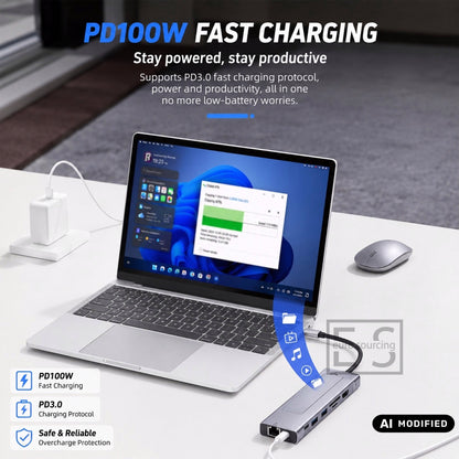 9-in-1 USB C M.2 SSD Enclosure Docking Station 10Gbps 4K HDMI 100W PD USB 3.2 SD TF RJ45 Ethernet
