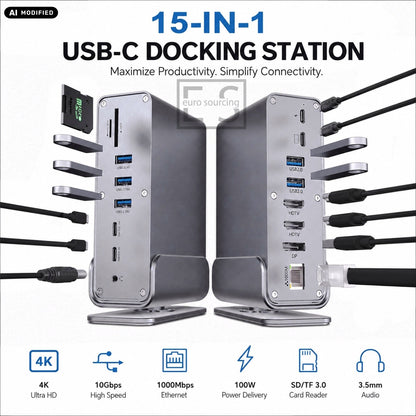 AJP 15-in-1 USB-C Docking Station 100W PD, Dual HDTV 4K@60Hz, DisplayPort, 10Gbps USB, Gigabit Ethernet, SD/TF & Audio
