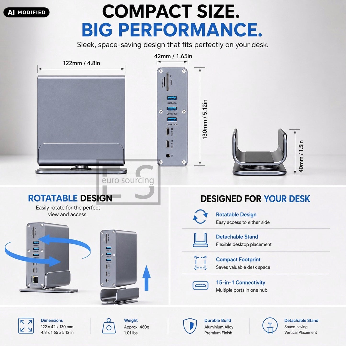 AJP 15-in-1 USB-C Docking Station 100W PD, Dual HDTV 4K@60Hz, DisplayPort, 10Gbps USB, Gigabit Ethernet, SD/TF & Audio