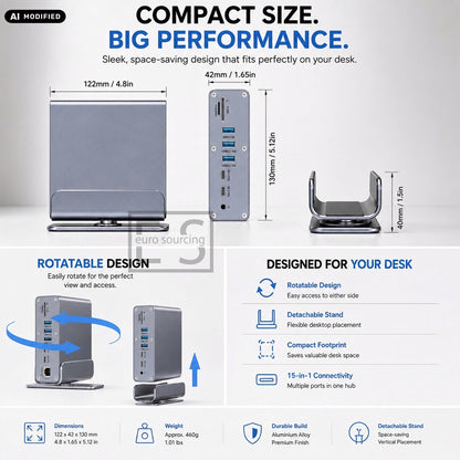 AJP 15-in-1 USB-C Docking Station 100W PD, Dual HDTV 4K@60Hz, DisplayPort, 10Gbps USB, Gigabit Ethernet, SD/TF & Audio