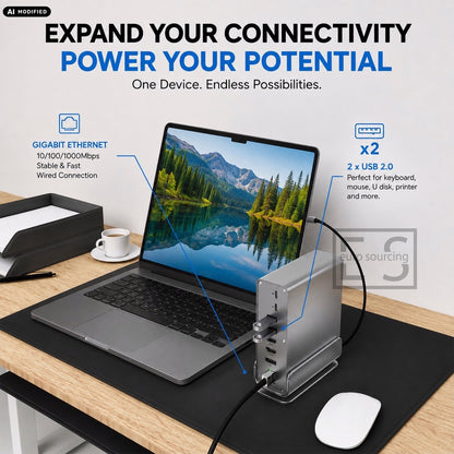 AJP 15-in-1 USB-C Docking Station 100W PD, Dual HDTV 4K@60Hz, DisplayPort, 10Gbps USB, Gigabit Ethernet, SD/TF & Audio