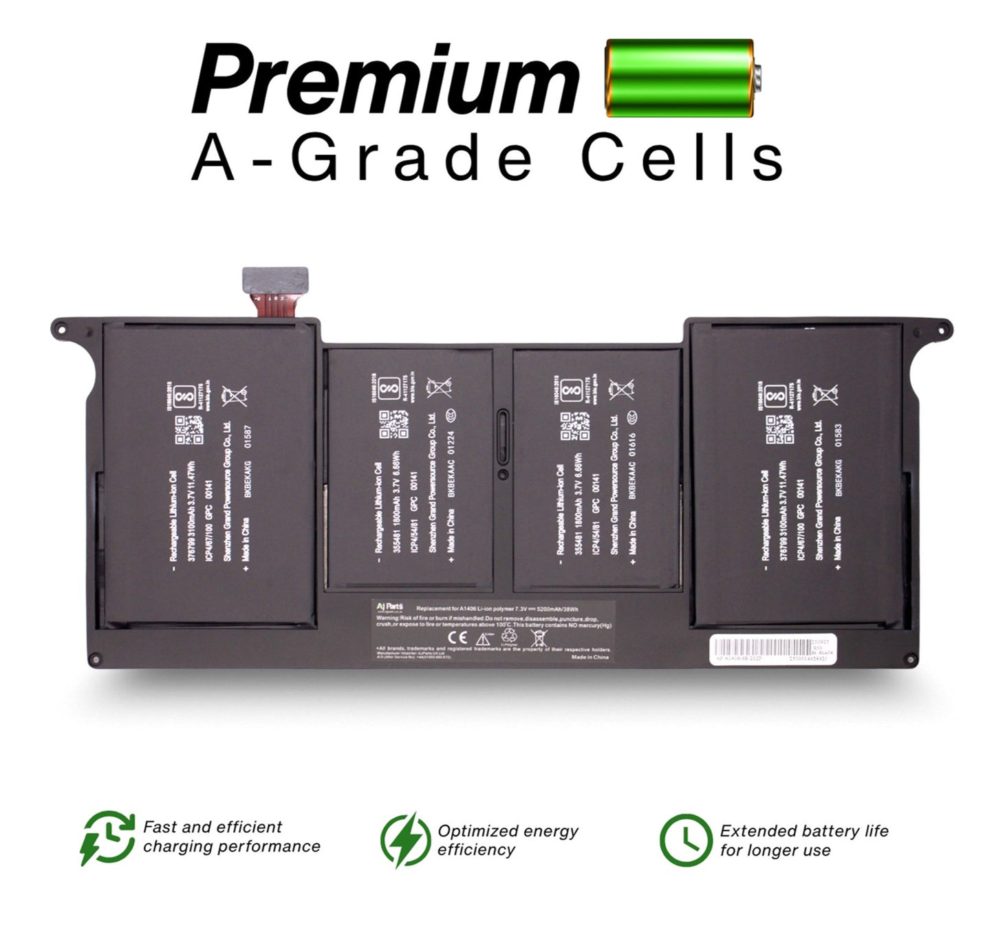Brand AJP MacBook A1406, A1406-68-2S2P 7.3V 5200mAh 38Wh 4-Cell Li-ion Replacement Laptop Battery Black