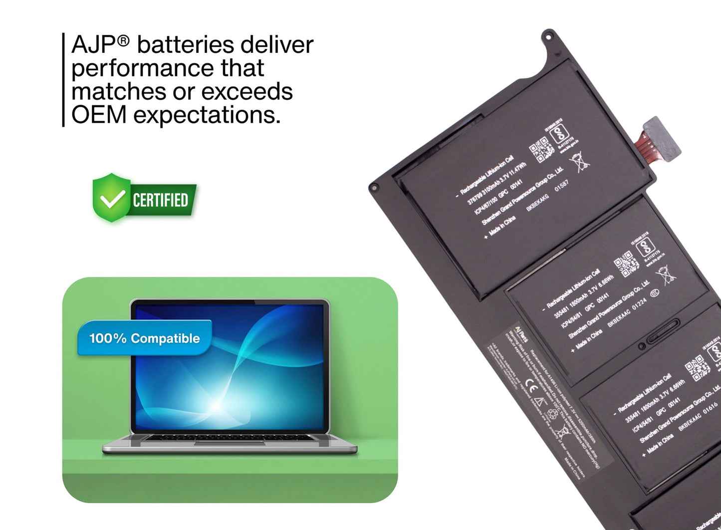 Brand AJP MacBook A1406, A1406-68-2S2P 7.3V 5200mAh 38Wh 4-Cell Li-ion Replacement Laptop Battery Black