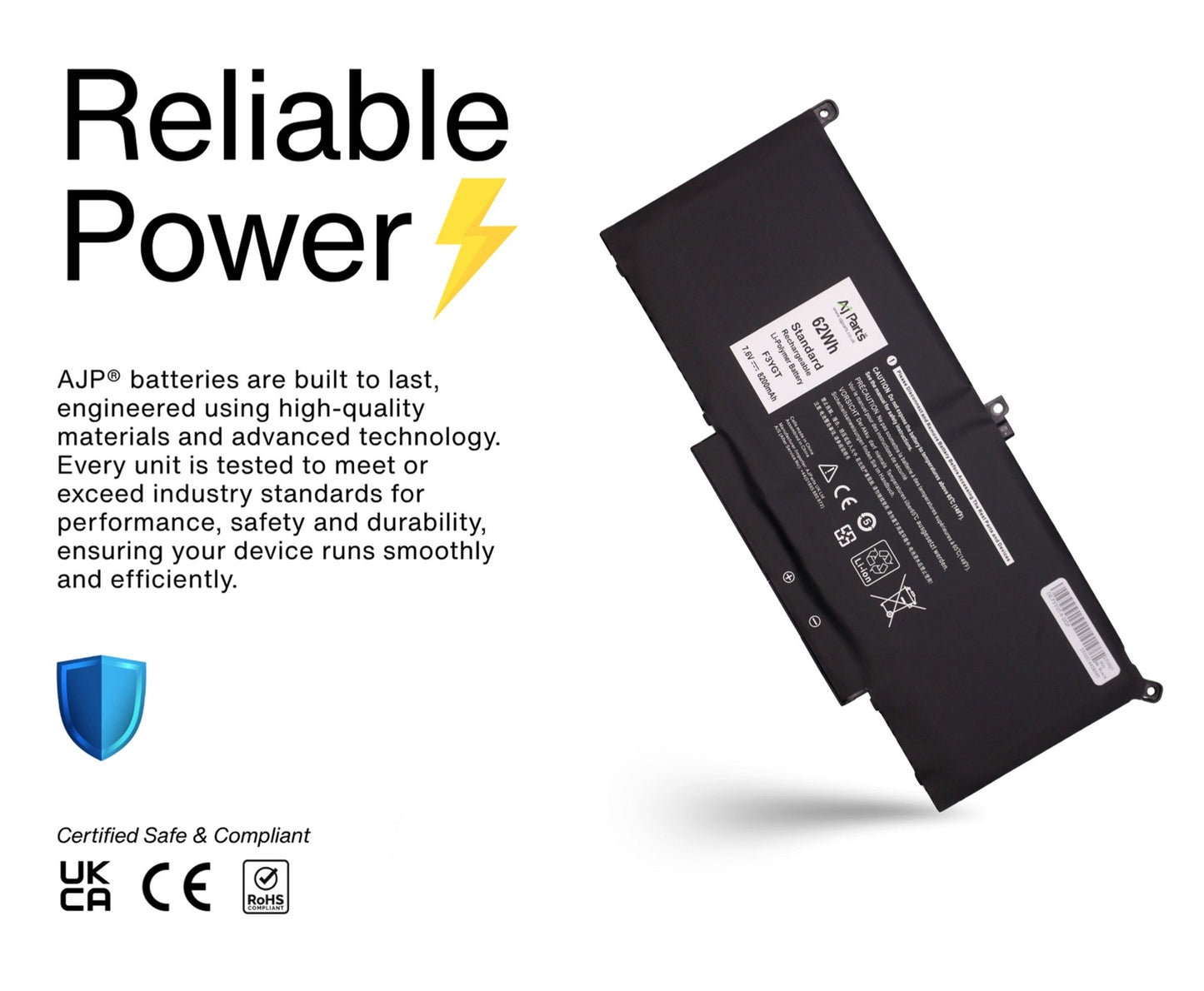 Replacement Dell Latitude F3YGT, F3YGT-S-2S2P 4-Cell 7.6V 8200mAh 62Wh High Capacity AJP Laptop Battery