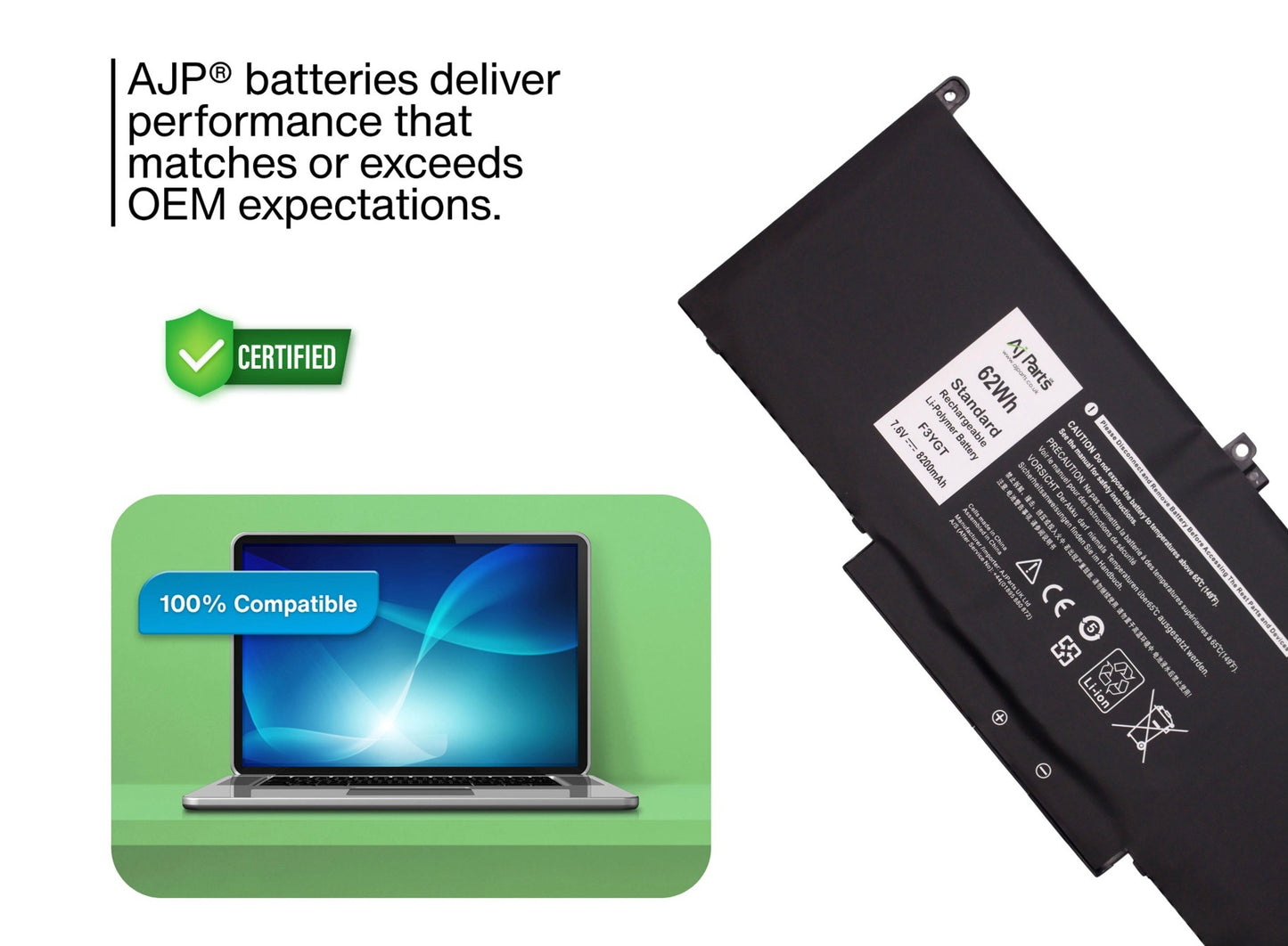 Replacement Dell Latitude F3YGT, F3YGT-S-2S2P 4-Cell 7.6V 8200mAh 62Wh High Capacity AJP Laptop Battery