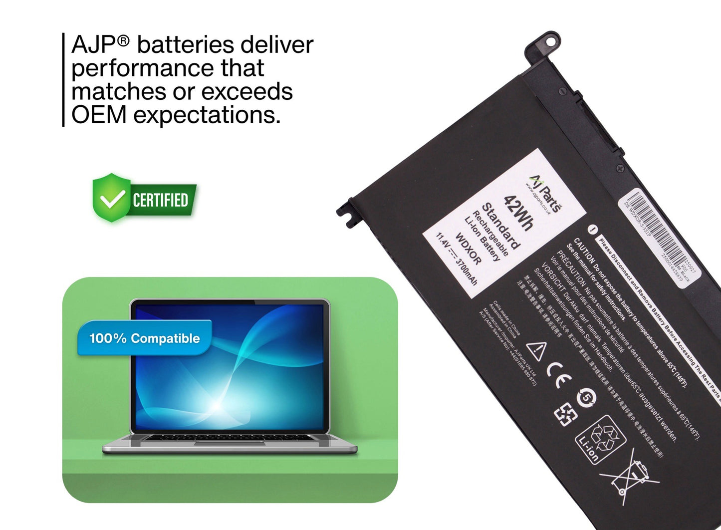 AJP High-Capacity 3-Cell 11.4V 42Wh (3700mAh) Replacement Laptop Battery for Dell WDXOR / WDXOR-S-3S1P