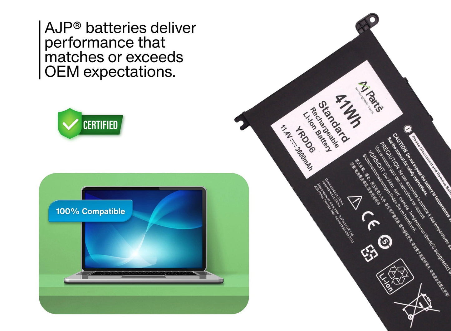 Dell YRDD6 YRDD6-3S1P 3-Cell 11.4V 3600mAh / 41Wh Li-ion High Capacity Replacement AJP Laptop Battery Black