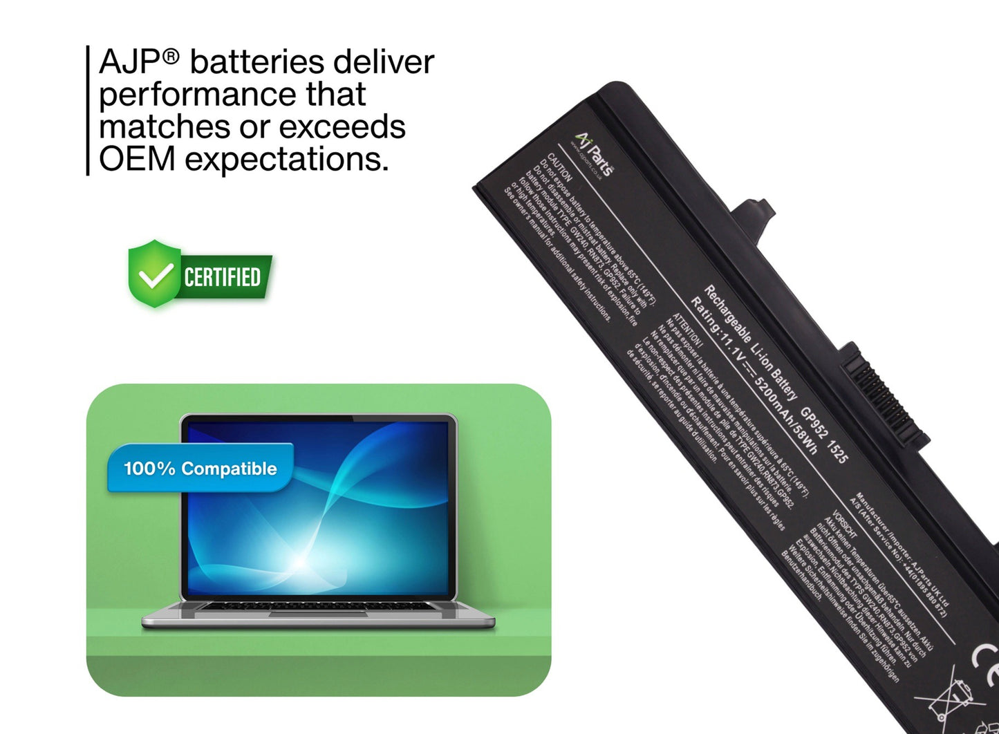 AJP Laptop Battery for Dell Inspiron 1525 11.1V 6-Cell (1525-4-3S2P) 5200mAh 58Wh High Capacity Replacement Battery