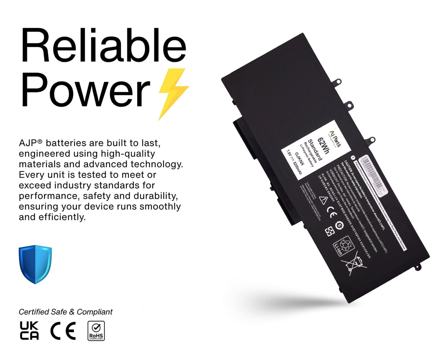 Replacement AJP Laptop Battery for Dell GJKNX / GJKNX-H-37-2S2P Li-ion 4-Cell 7.6V 62Wh 8200mAh Black
