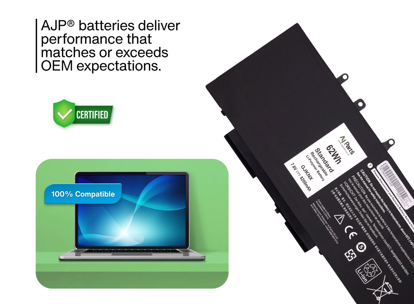 Replacement AJP Laptop Battery for Dell GJKNX / GJKNX-H-37-2S2P Li-ion 4-Cell 7.6V 62Wh 8200mAh Black