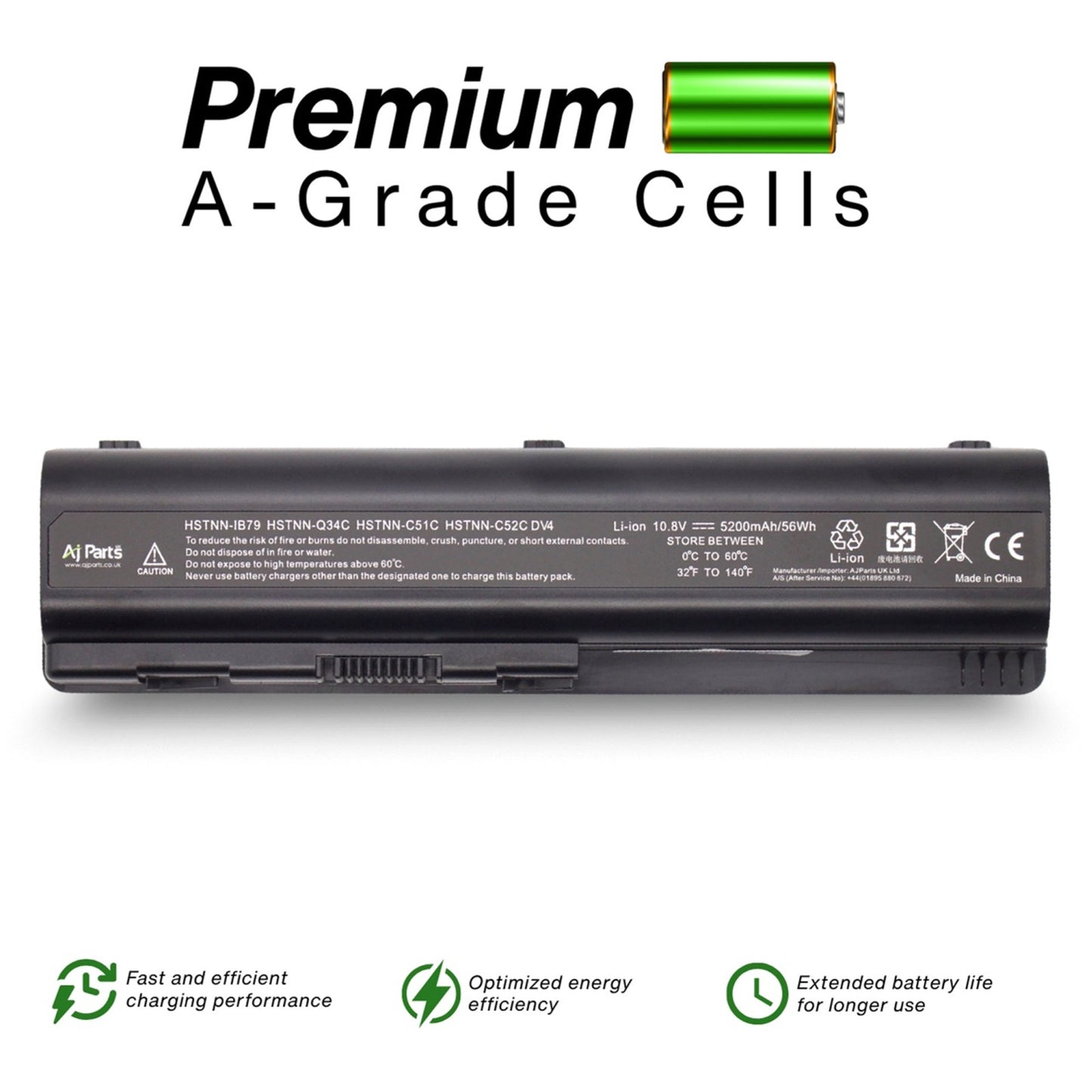 Replacement HP DV4 / DV4-4-3S2P 10.8V 5200mAh (56Wh) 6-Cell Li-ion AJP Laptop Battery Black