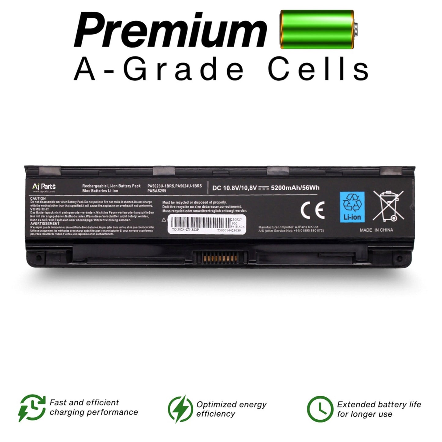 Replacement Battery for Toshiba 5024 10.8V 5200mAh (5024-ZY-3S2P) 6-Cell Li-ion AJP Laptop Battery Black