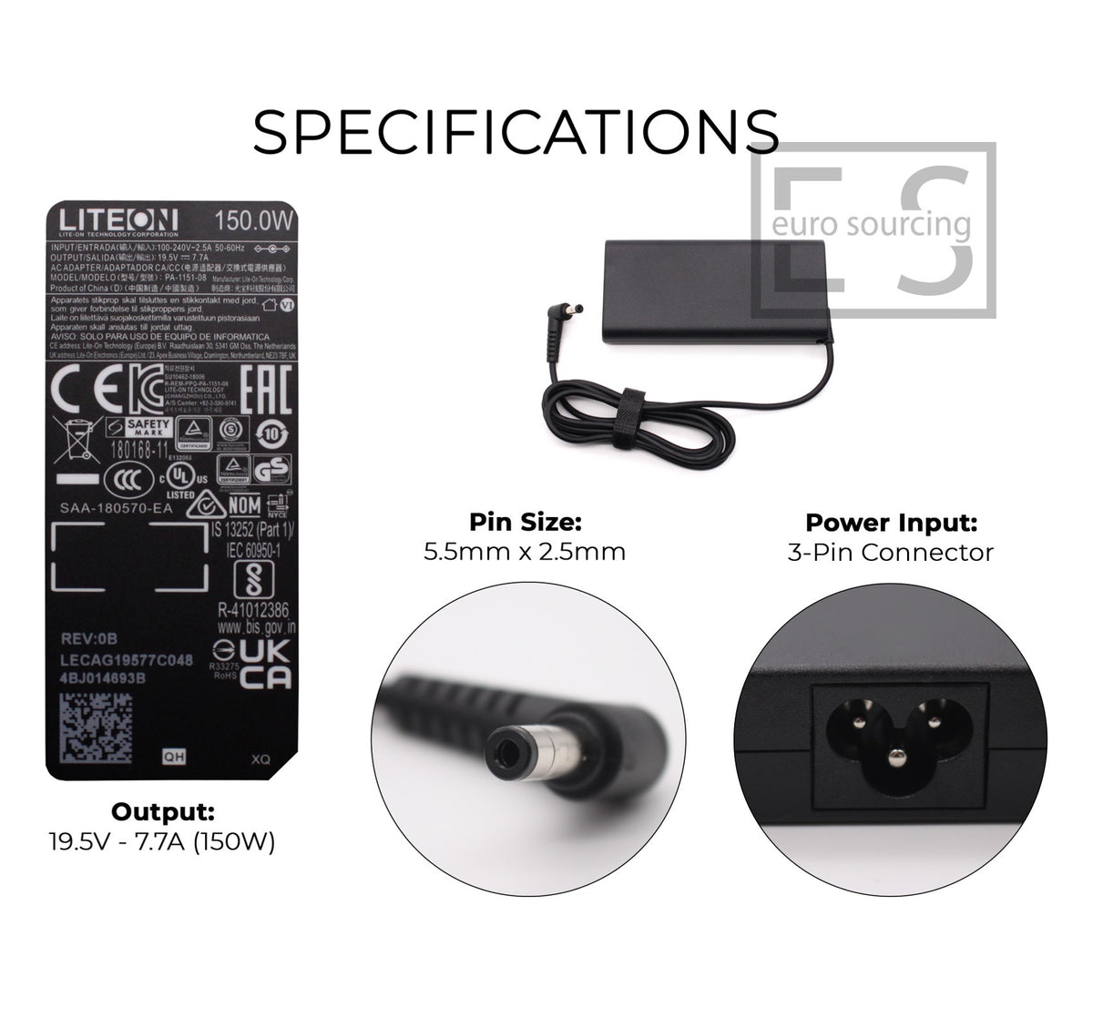 LITEON 150W 19.5V 7.7A 5.5mm x 2.5mm Laptop AC Adapter Charger