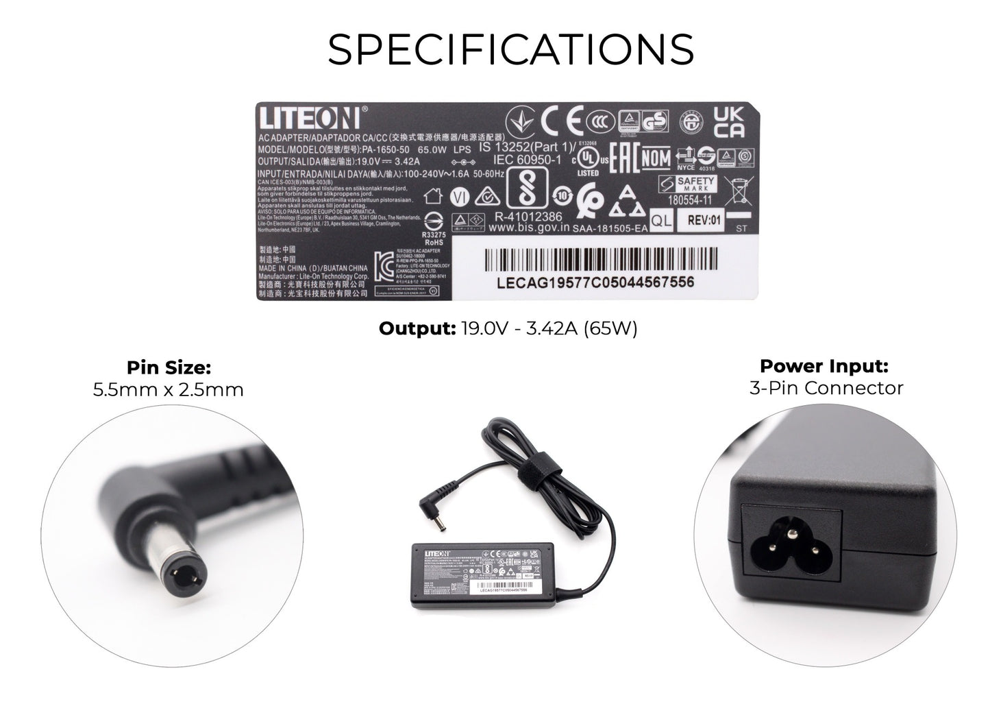 New LITEON 65W 19V 3.42A 5.5mm x 2.5mm Barrel Tip Laptop AC Adapter Charger