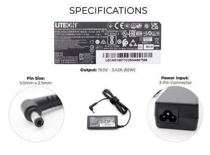 New LITEON 65W 19V 3.42A 5.5mm x 2.5mm Barrel Tip Laptop AC Adapter Charger
