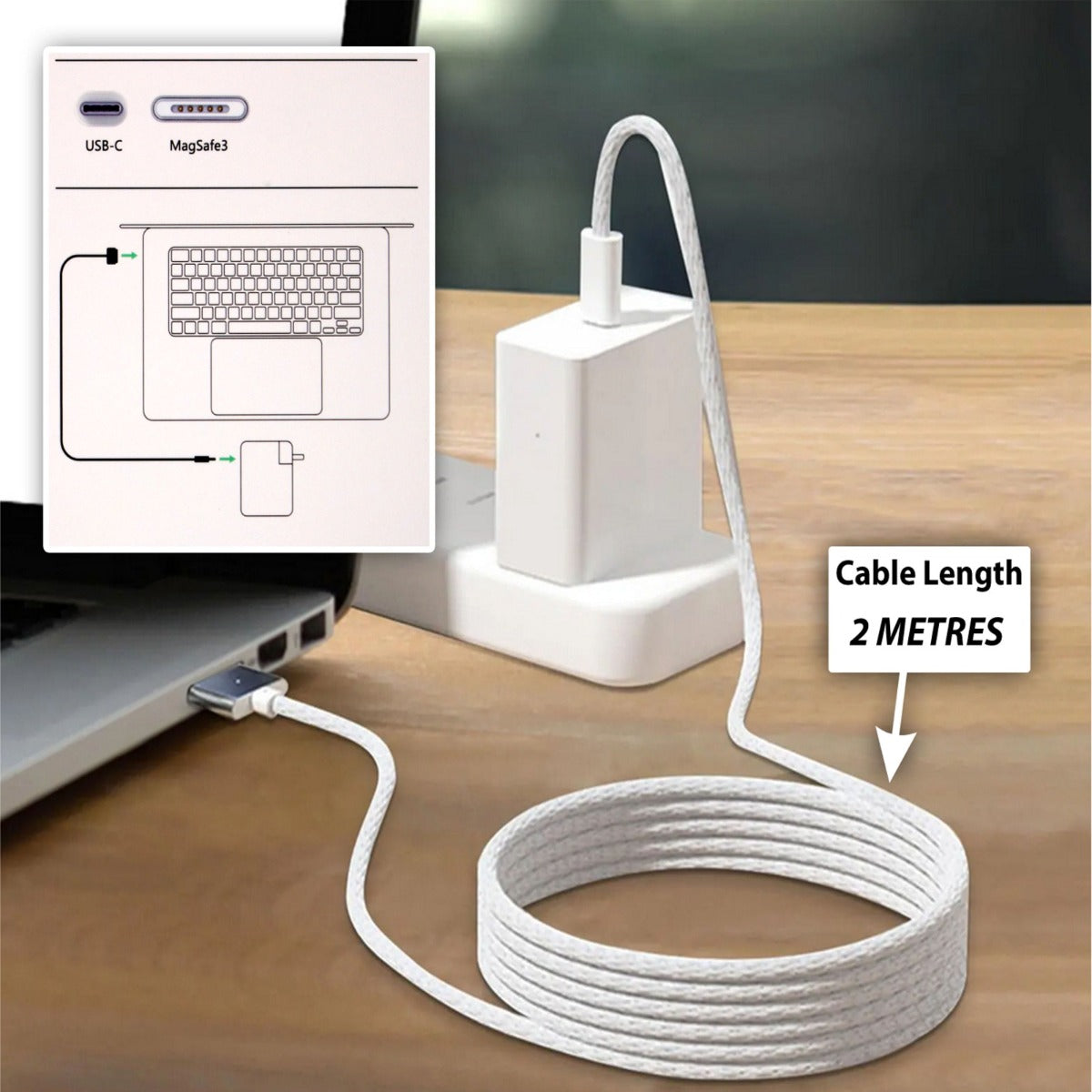 Replacement For MacBook Pro Air (M2, 2022) White USB Type C to Magsafe 3 Magnetic Fast Charging Cable Cord 2M Line