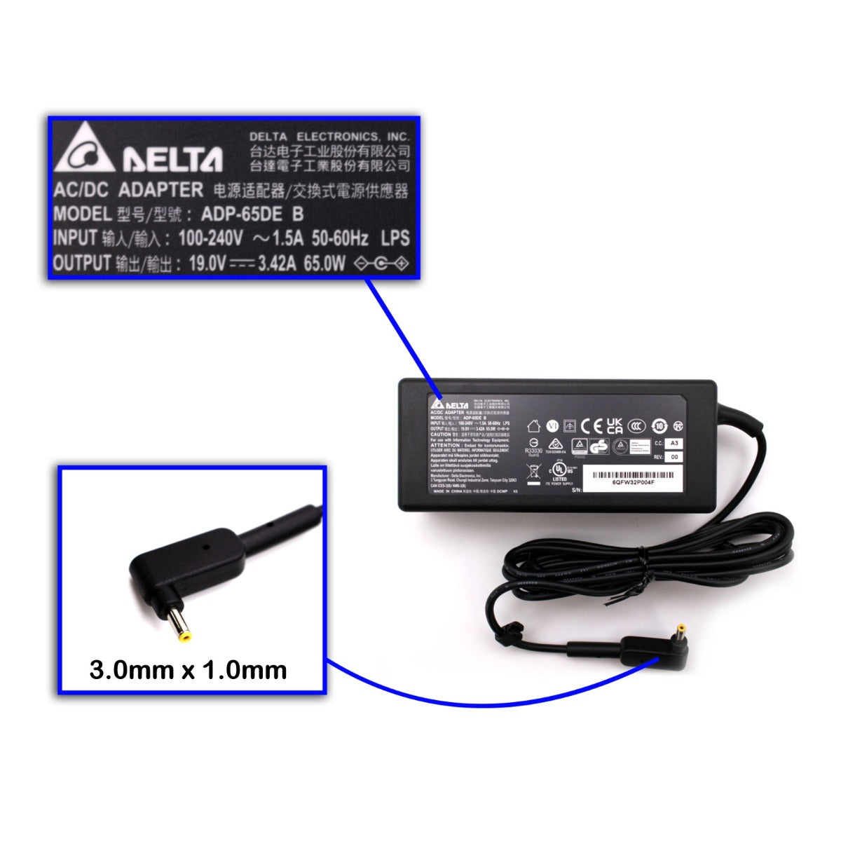 For Delta Electronics 65W 19V 3.42A Adapter 3.0MM x 1.1MM Power Charger