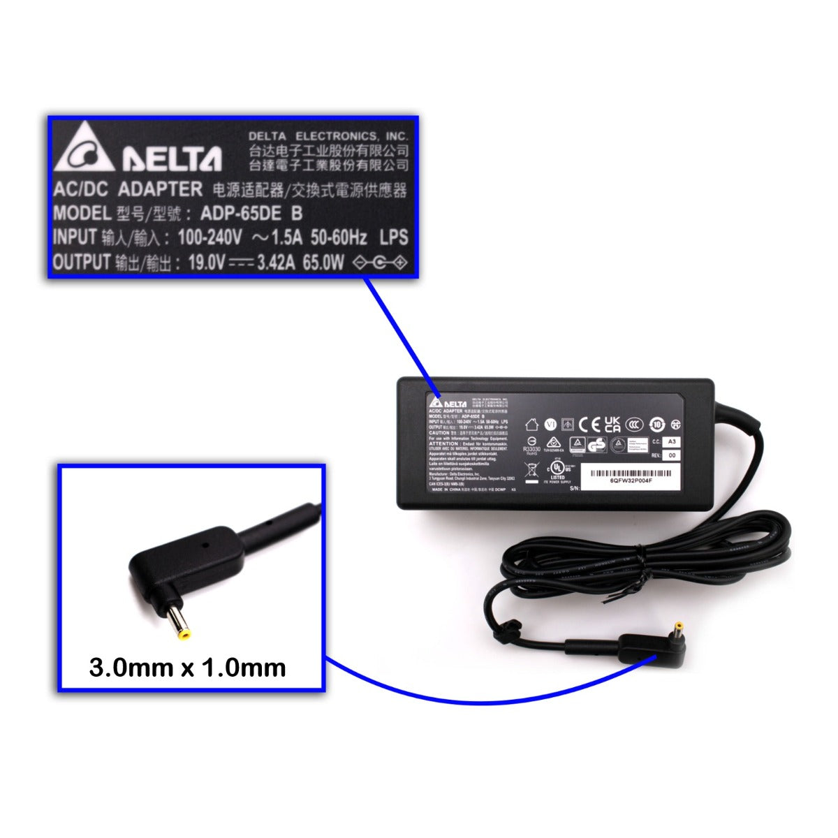 Genuine Delta Electronics 65W 19V 3.42A Adapter 3.0MM x 1.1MM Power Charger Compatible With ACER ASPIRE 5 A515-56G-32YX