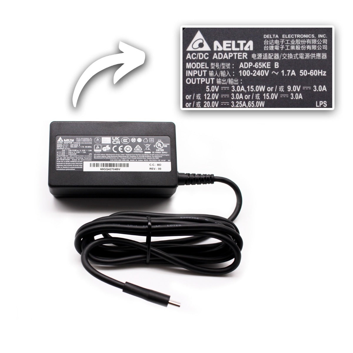 Genuine Delta Brand 65W USB-C Type C AC Adapter Power Supply Charger Compatible With ACER ASPIRE VERO AV14-52P SERIES