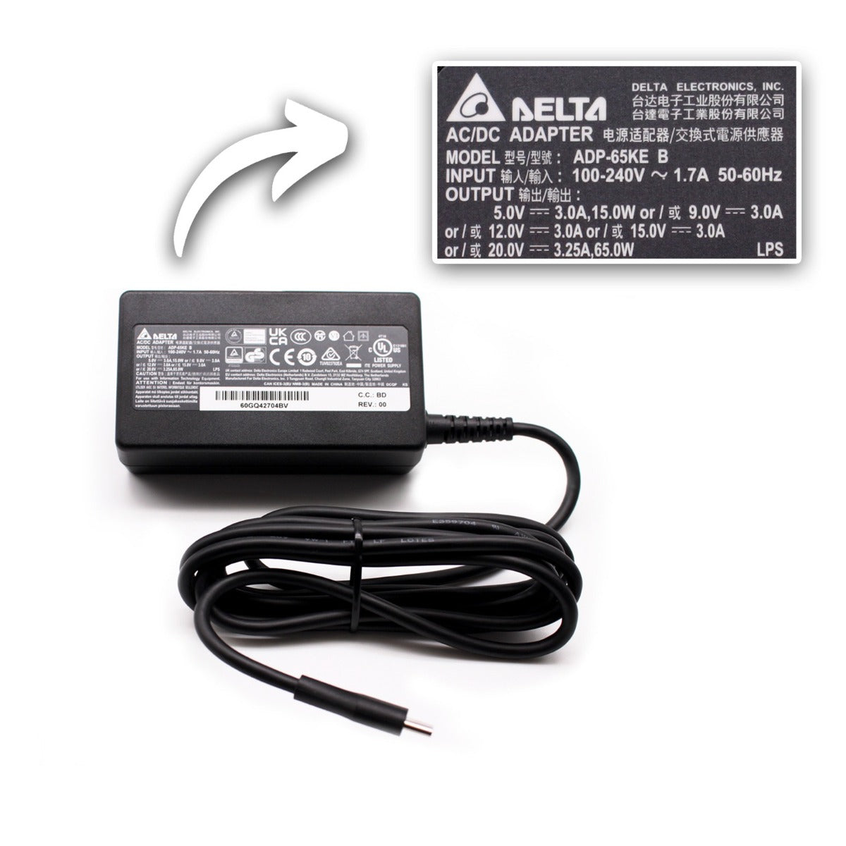 Genuine Delta Brand 65W USB-C Type C AC Adapter Power Supply Charger Compatible With TOSHIBA DYNABOOK PX5352K-1AC3